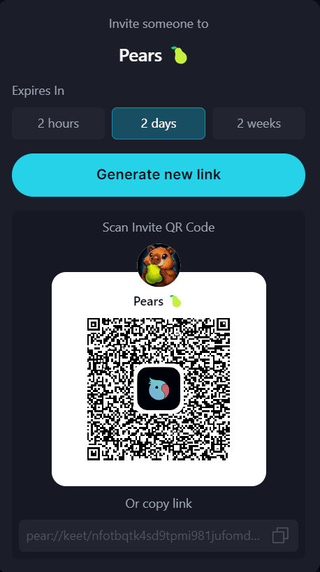 Invite Peers π Β· Choose the expiration period Select how long the invite will remain valid. For security reasons, it cannot be used after it expires.